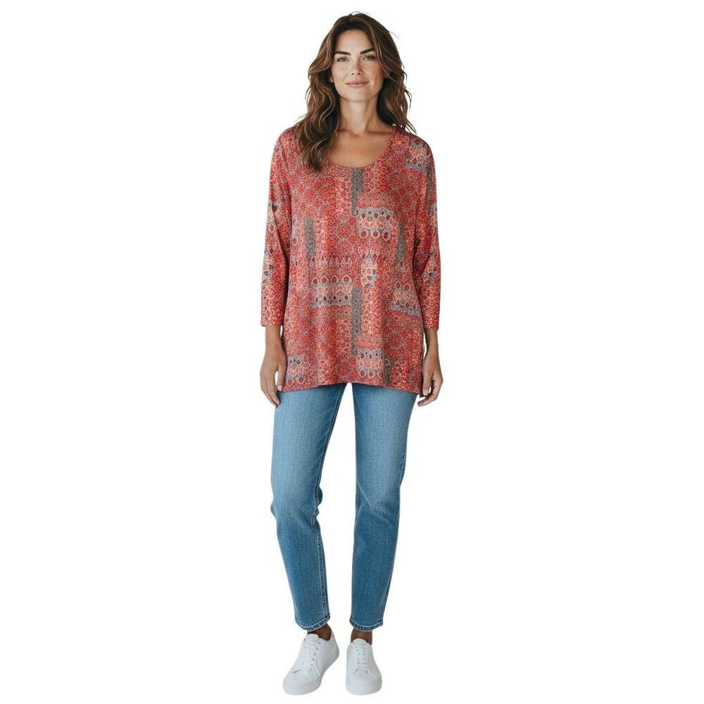 Ruby Rd Women's XL Red Multicolor Scoop Neck Long Sleeve Blouse